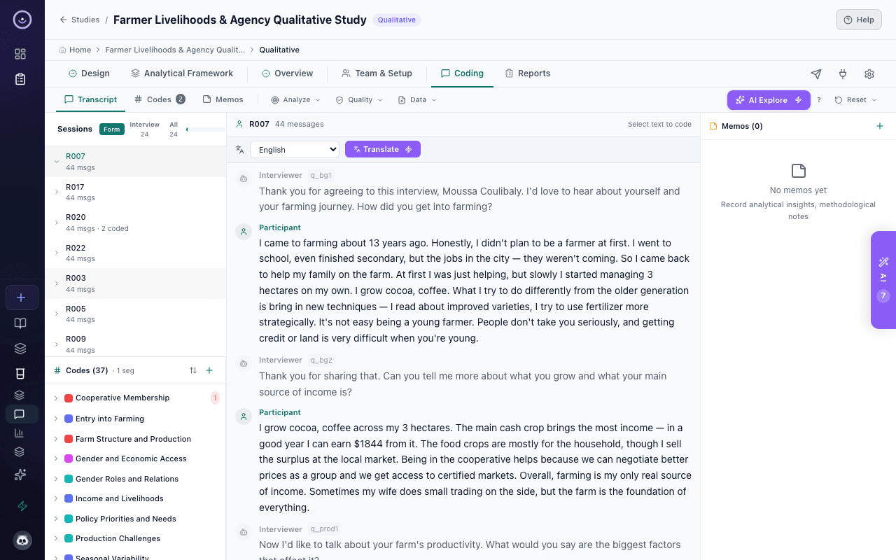 Qualitative coding workspace with AI-assisted thematic analysis, transcripts, and codebook